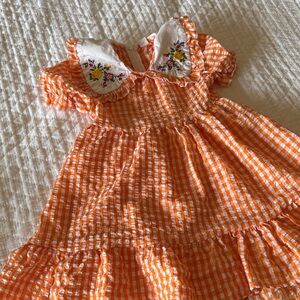 SHEIN Orange and White Gingham Ruffle Dress with Embroidered Collar